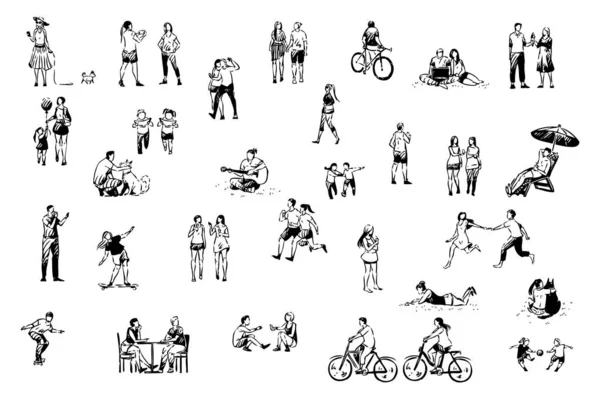 Mensen die plezier hebben, schaatsen, Fietsen, ijs eten, Foto's maken, joggen, zomer tijdverdrijf instellen — Stockvector