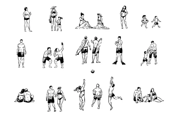 Recreación del complejo, vacaciones de vacaciones, hombres y mujeres jugando voleibol, surf, personas en trajes de baño en el set de playa — Vector de stock