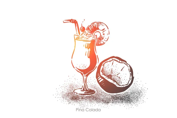 Pina colada, rhum léger au lait de coco et jus d'ananas, boisson alcoolisée exotique, délicieuse boisson longue — Image vectorielle