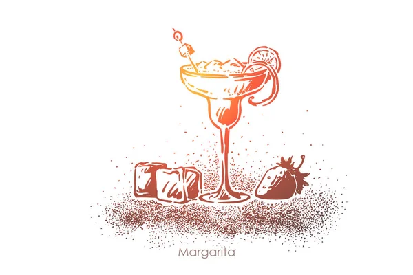 Primer plano Margarita, delicioso refresco, tequila con hielo y rodaja de limón, copa de lujo con fresa — Archivo Imágenes Vectoriales