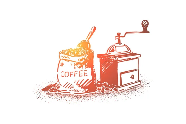 천연 커피 콩 연삭 장비, 곡물과 패들 자루, 오래된 수동 분쇄기 — 스톡 벡터