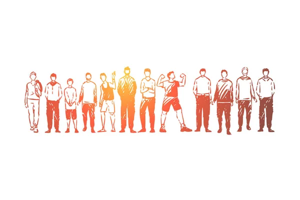 Junge Männer, die zusammen stehen, Erwachsene und Jugendliche, gesichtslose Menschen in lässiger Kleidung, Freunde, die miteinander kommunizieren — Stockvektor