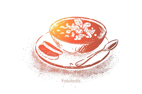 Fasolada bowl con pan, menú de restaurante tradicional de cocina chipriota, deliciosa sopa con frijoles y verduras — Vector de stock