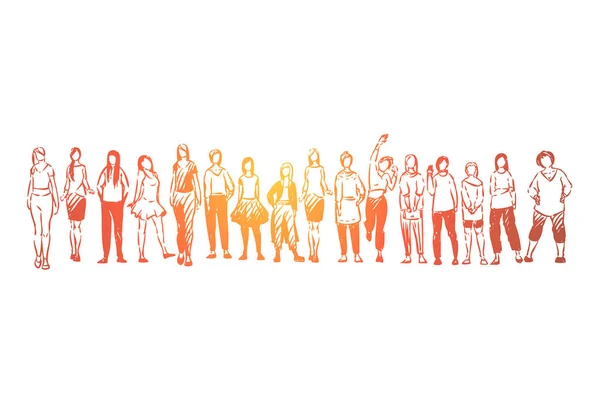 Группа молодых дам, стоящих вместе, безликие девушки в повседневной одежде, женское сообщество, единство — стоковый вектор