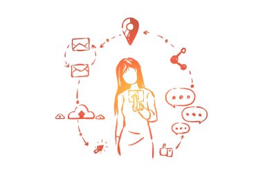 Trendy modern rekreasyon, internet sörf, online ağ sembolleri, beğeni ve yorum ile genç kadın