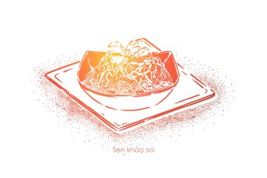 Sen khao soi, kızarmış yumurta erişte ve lahana turşusu ile ulusal tay çorbası, gurme akşam yemeği, restoran çanak