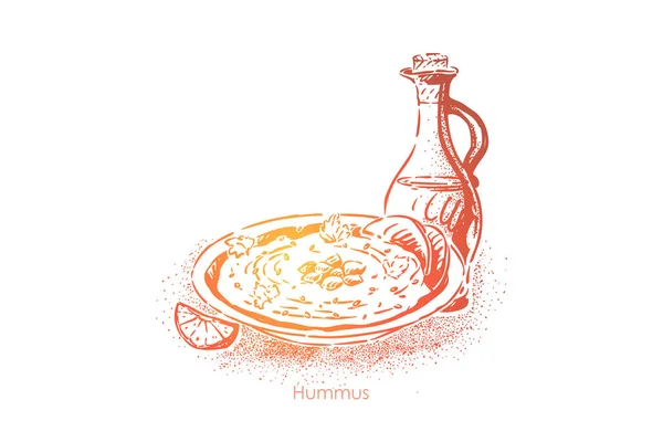 Hummus. pyszny posiłek izraelski, danie z ciecierzycy z tahini, oliwa z oliwek, sok z cytryny, czosnek i papryka — Wektor stockowy