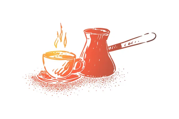 Equipo natural de preparación de café árabe, taza con bebida caliente y cezve, olla de cobre con mango largo — Vector de stock