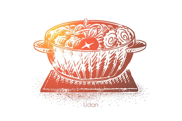 Udon, sopa japonesa, macarrão tigela com carne, legumes e fatias de naruto, menu de restaurante de comida oriental —  Vetores de Stock