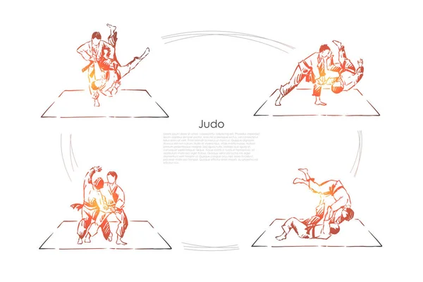 Дзюдо, молоді спортсмени в кімоно тренування, практика спарингу, бойові вправи, прапор класу самооборони — стоковий вектор