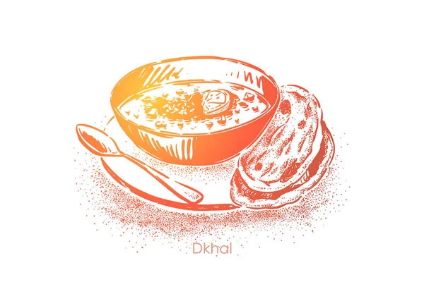 Вкусный дхал с хлебными тортами, острый суп со сливками с вареной фасолью, меню ресторана восточной кухни, ужин — стоковый вектор