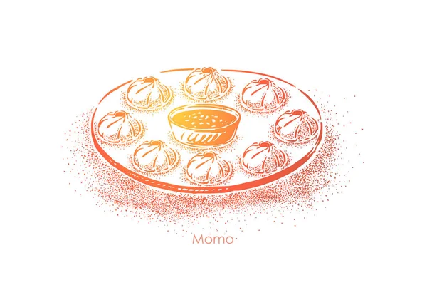 Momo Dish, chutné těsto s náplní masa a omáčky, tradiční indické, čínské, nepálské jídlo — Stockový vektor