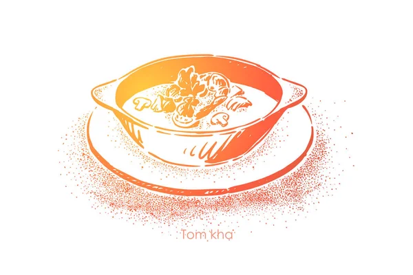 Tom Kha Kai, tradiční thajská kuchyně, horká kyselá polévka s kokosovým mlékem, houbami a krevetami, exotickým jídlem — Stockový vektor
