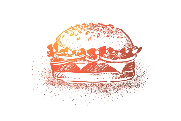 Delizioso hamburger, street food classico, panini di sesamo con, cotoletta alla griglia, insalata, pomodoro e formaggio — Vettoriale Stock