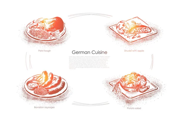 Cină în Germania, tuse de porc, strudel cu mere, cârnați bavarezi, salată de cartofi, banner european de gătit — Vector de stoc