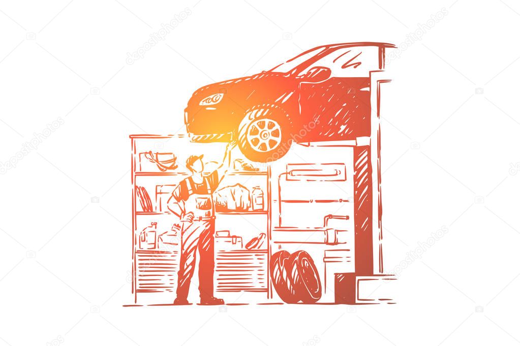 Car repair shop, vehicle workshop, young mechanic in overalls, faceless repairman, handyman fixing auto