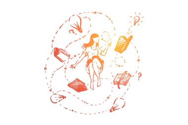 Genç kadın, öğrenci kitap, ampul ler ve soru işaretleri, beyin fırtınası, fikir üretimi ile çevrili