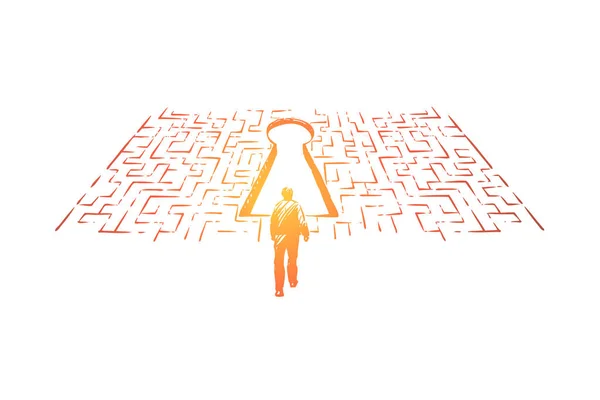 Recherche de solution, l'homme trouver la sortie dans le labyrinthe, situation difficile et compliquée, défi métaphore — Image vectorielle