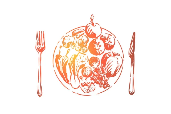 Фрукти, овочі та ягоди на тарілці, натуральний обід, смачна органічна їжа, веганська їжа, вітамінна дієта — стоковий вектор