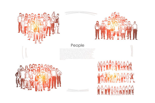 Толпы, молодые мужчины и женщины, стоящие вместе, массовый сбор, командное сотрудничество, сплоченность и баннер единства
