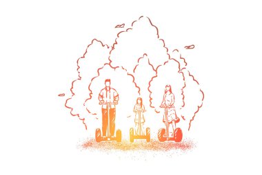 Parkta kendini dengeleyen kişisel taşıyıcı sürme, anne-babalar ve çocuk dışında hafta sonu zevk, günlük yaşamda modern teknoloji