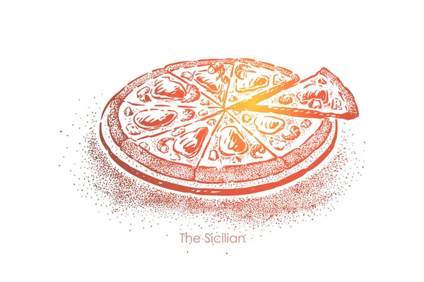 美味的西西里披萨，巴勒莫地道的快餐，带凤尾鱼的餐点，奶酪和酱汁，切片小吃 — 图库矢量图片
