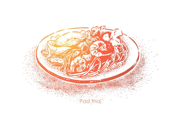 Pad thai, plato asiático nacional, sabrosos fideos de arroz frito con salsa fragante y mariscos, cocina oriental — Vector de stock
