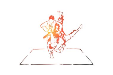 Judo müsabakası, kemerli kimonolu genç erkekler, yüzsüz atletler, dövüş antrenmanı, kendini savunma egzersizi