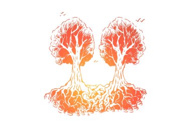 Intertwined tree roots, inseparable objects, forever together metaphor clipart