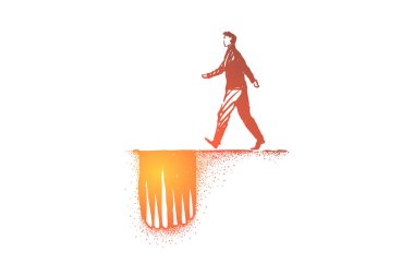 Dangerous path metaphor, man moving to hole trap with sharp spikes clipart