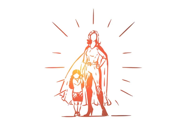 Beste moeder en dochter handen vasthouden, vrouwelijke superheld in kostuum met Cape, klein meisje met ouder, moederschap — Stockvector