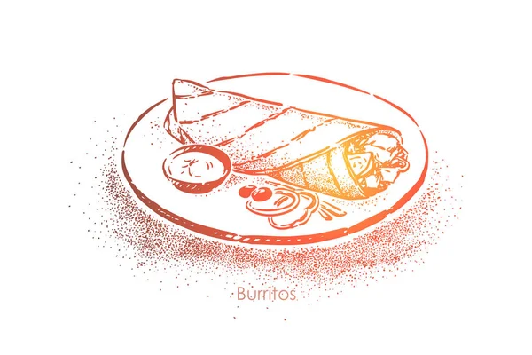 Вкусный буррито, мясо, салат, овощи и сыр, завернутые в тортилью, традиционная уличная еда в Мексике — стоковый вектор