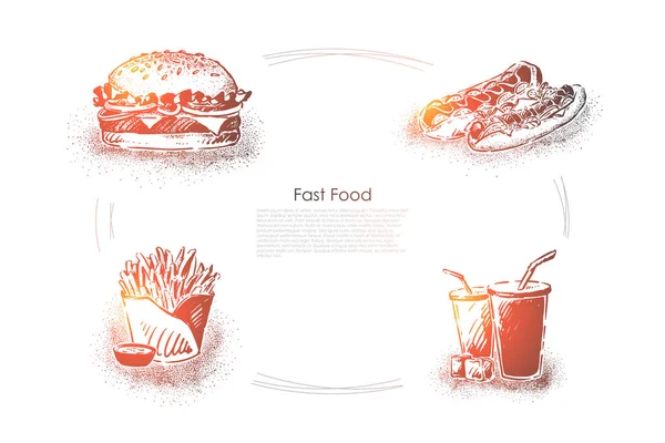 Delizioso fast food, panino con hamburger, hot dog, patatine fritte con salsa e soda, banner di cibo spazzatura malsano — Vettoriale Stock