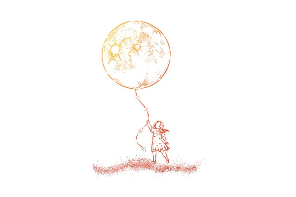 Petite fille en robe tenant un énorme ballon lunaire, enfant préscolaire sans visage avec un grand cadeau, rêve surréaliste — Image vectorielle