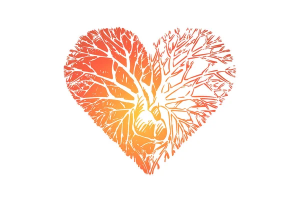 Amor creciendo desde la metáfora del corazón, ramas de bondad, árbol enraizado en el corazón — Archivo Imágenes Vectoriales