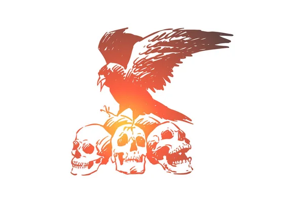 Raven na ludzkich czaszek, Halloween Gothic upiorny skład, metafora śmierci i zniszczenia — Wektor stockowy