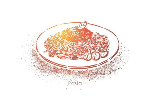 Chutné těstoviny, maklíčka s bologní omáčkou a rajčaty, lahodné jídlo, gurmánský oběd, večeře — Stockový vektor