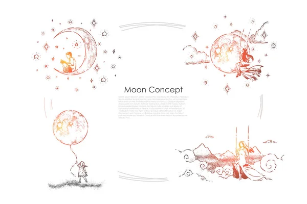 Boy sitting on crescent with book, young women on swings, little girl holding huge moon balloon, imagination banner — Stock Illustration Boy sitting on crescent with book, young women on swings, little girl holding huge moon balloon, imagination banner Royalty Free Stock Vectors