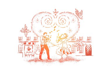 Duet birlikte kompozisyon oynarken, erkek ve kadın saksafon, sokak müzik sanatçıları, romantik tarih fikir oynuyor