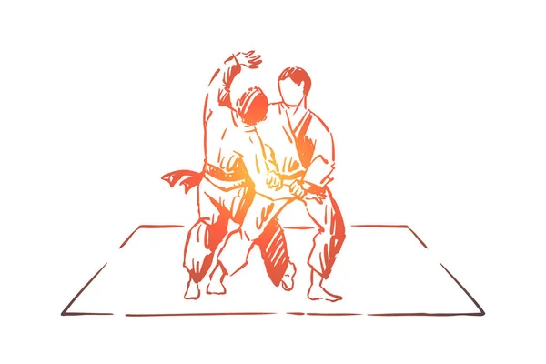 Karate or judo sparring, traditional oriental martial arts, young fighters in kimono practicing footboard