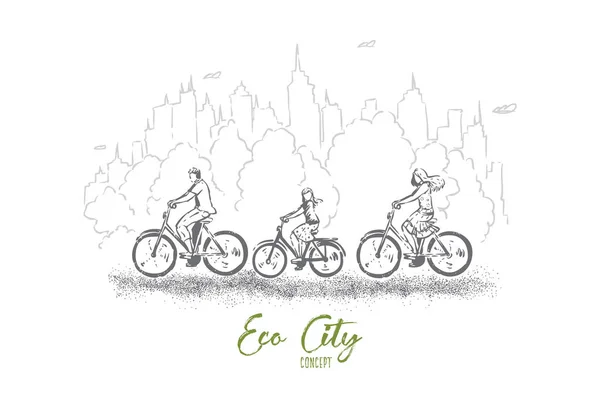 Kerékpározást a parkban, a kiadások hétvégét a gyerekekkel, az egészséges életmód megválasztására, egyensúlyt a természet és a város — Stock Vector
