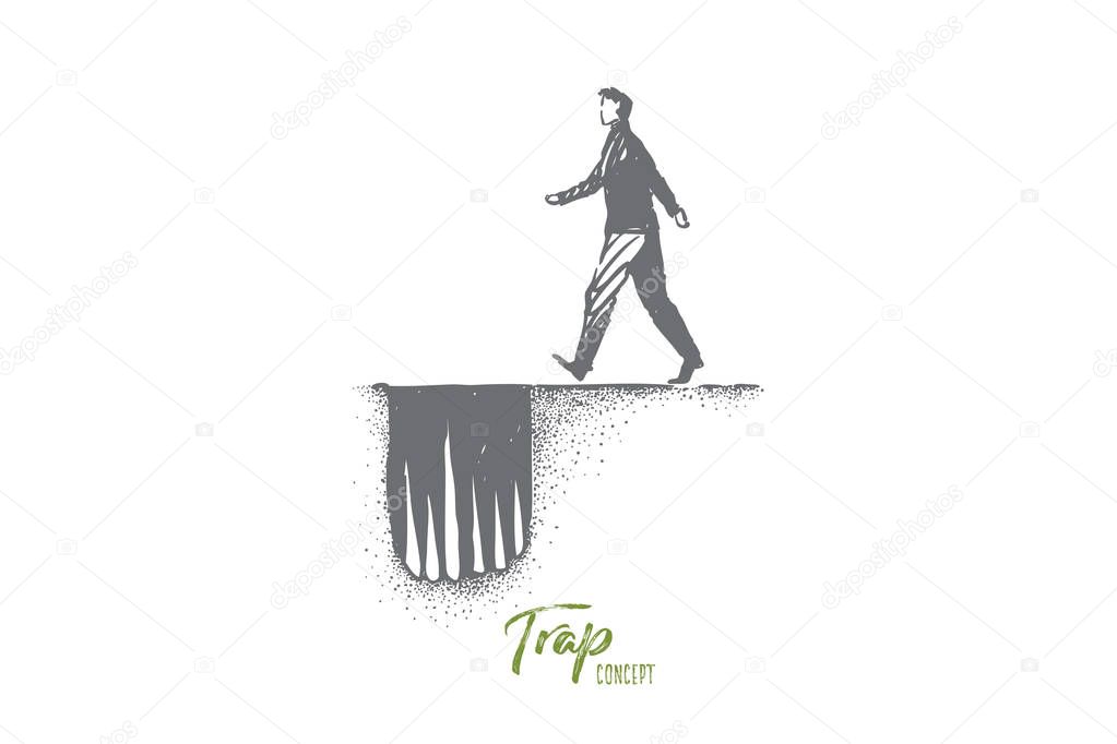 Dangerous path metaphor, man moving to hole trap with sharp spikes