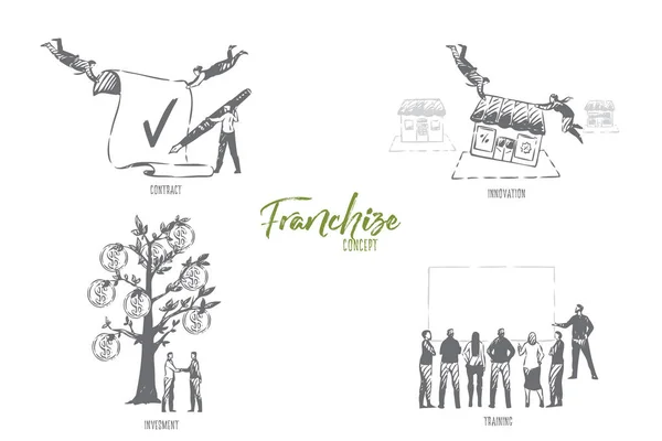 Franquicia, contrato, innovación, inversión, concepto de formación bosquejo — Archivo Imágenes Vectoriales