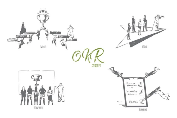 OKR, alvo, foco, trabalho em equipe, esboço de conceito de planejamento —  Vetores de Stock