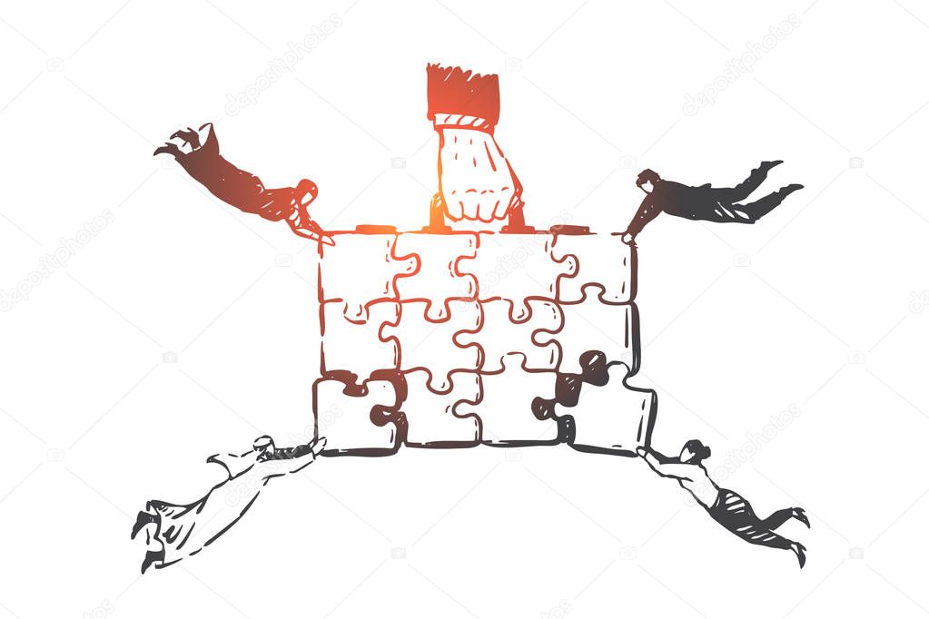 Teamwork, success, coworking, partnership, globalization concept sketch. Hand drawn isolated vector illustration