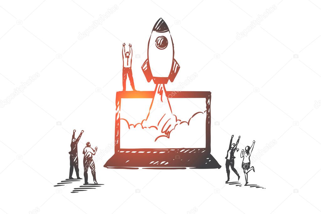 Startup, success, teamwork, coworking, partnership concept sketch. Hand drawn isolated vector illustration