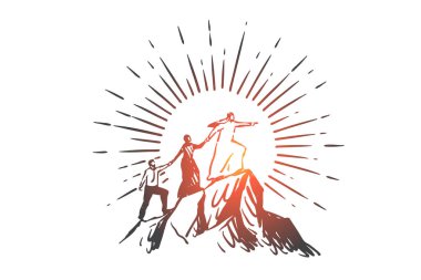 Takım çalışması, iş birliği, ortaklık, liderlik, başarı, küreselleşme kavramı çizimi. El çizilmiş izole vektör illüstrasyon