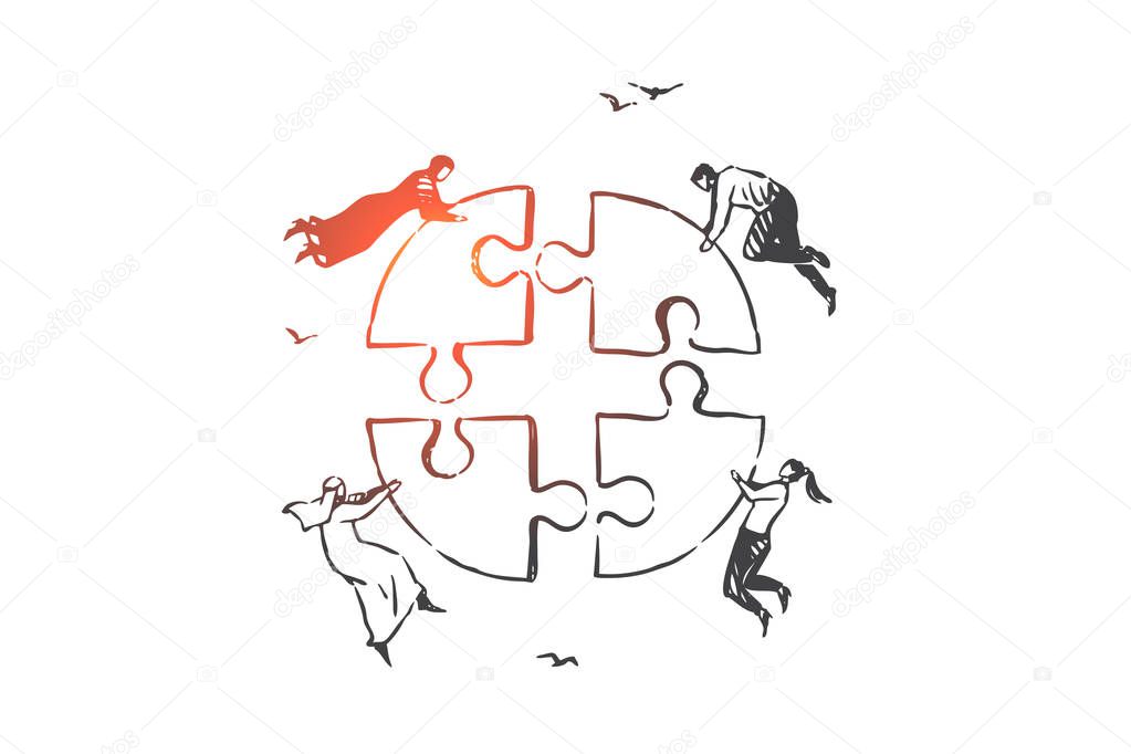 Teamwork, coworking, partnership, success concept sketch. Hand drawn isolated vector illustration