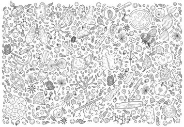 Doodle Bilim vektör illüstrasyon . Biyoloji ve Biyoteknoloji seti. Zooloji, Botanik, Beyaz arka plan üzerine Anatomi teması el. Çizim stilinde yalıtılmış öğeler