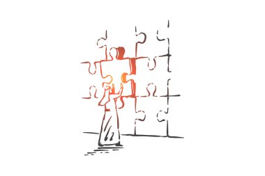 Jigsaw bulmaca montaj kavram kroki. Elle çizilmiş izole vektör